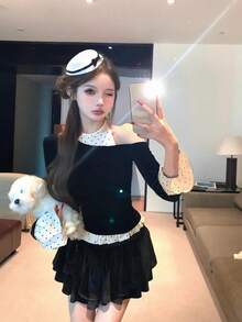 1pc Women's 2 In 1 Polka Dot Long Sleeve Knit Sweater, Off-Shoulder Patchwork Stylish Blouse - Black - View 2