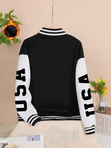 Es Trus Plus 秋冬女式休闲趣味极简“USA”字母印花街头时尚夹克，韩版复古舒适百搭通勤户外长袖棒球夹克，常规款宽松加大码黑白棒球夹克 - 黑與白 - 查看 2