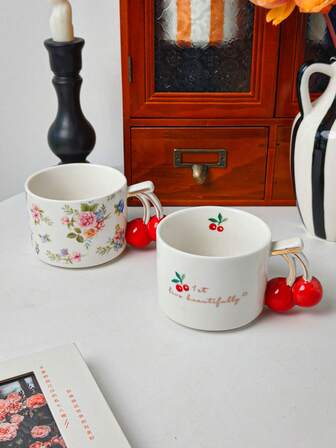 1 pieza Taza de cerámica con patrón colorido de flores de cerezo, taza de cerámica de estilo dulce con asa de cereza 3D y detalles pintados a mano, adecuada para café y té floral, ideal para la decoración del hogar femenina y el té de la tarde de primavera