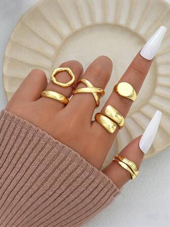 6 pièces Ensemble de bagues empilables géométriques creuses rétro pour femmes, pour usage quotidien, fête et tenue décontractée