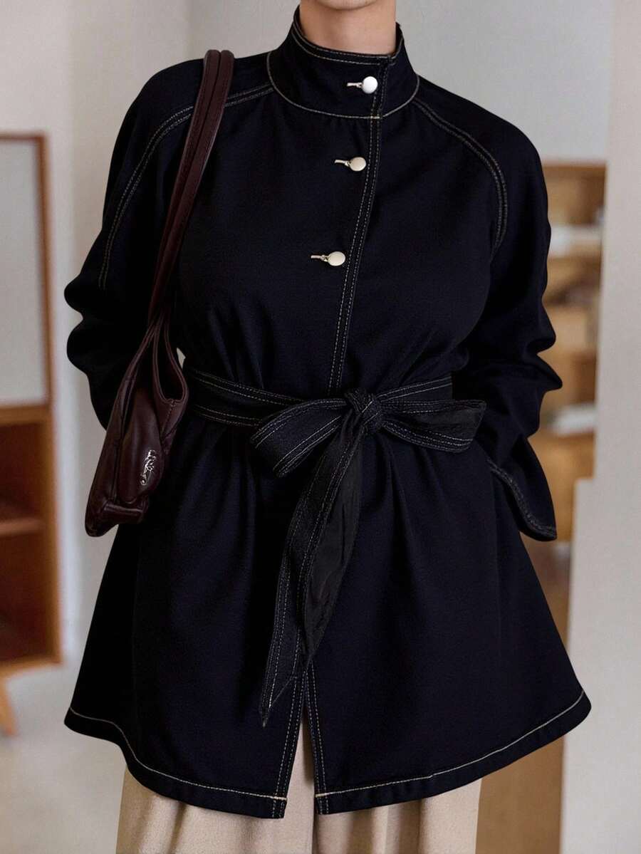 DAZY Women's Stand Collar Belted Loose Urban Casual Denim Jacket And Coat Fall/Winter - Dark Wash - View 1