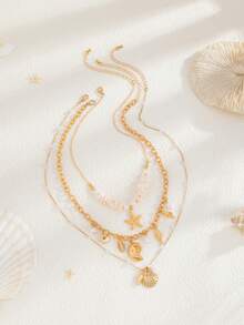 4 件女士复古创意优雅时尚金属花朵装饰巴洛克仿珍珠项链套装，海洋风格海星吊坠多层项链套装 - 金黃色 - 查看 10