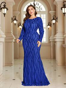 XUIBOL 高品质弹力优雅亮片拼接超修身加大码圆领晚宴约会婚礼派对生日周年纪念家庭鸡尾酒会正式晚宴婚礼宾客单身派对假日夏季秋季V领短袖优雅奢华新娘母亲礼服（重工刺绣） - 寶藍色 - 查看 7