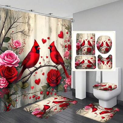 1pc/3pcs/4pcs Valentine's Day Cardinal Bird Multifunctional Bathroom Decor Shower Curtain Set, Free 12 Hooks Included, Elegant Holiday Atmosphere, Bathroom Mat, U-Shaped Floor Mat And Round Toilet Mat, Suitable For All Scenarios Bathroom Set