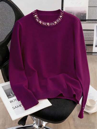 GIGOGOU 大码时尚串珠女式保暖毛衣，基础休闲长袖针织上衣，秋季时尚服饰