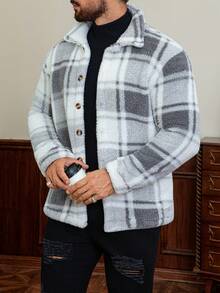 Men's Plush Sherpa Plaid Coat - Warm And Comfortable, Suitable For Autumn And Winter Outfit, Essential For Winter. - Black and White - View 5