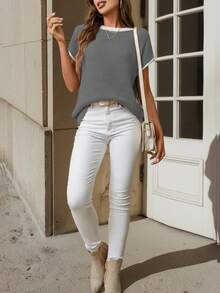 Women's Contrast Trim Casual Contrast Patchwork Batwing Sleeve Knit Top, Short Sleeve Knit Sweater, Sleeveless Tank Top, Summer Top, Spring Clothing, Loose Camisole, T-Shirt