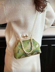 New Retro Green Fabric Faux Pearl Chain Clutch Bag, Women Versatile Shoulder Handbag For Party And Daily Use, Elegant Pearl Bag - Green - View 3