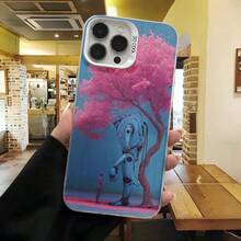 Cubierta de teléfono con diseño de robot bajo árbol de flores rosadas color azul para iPhone uso diario en cafeterías - Negro - Ver 3