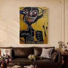 Framed 1pc Framed Jean-Michel Basquiat Cabeza 1984 Art Poster - Vibrant Yellow & Blue Abstract Face Canvas Wall Art, Modern Minimalist Decor For Living Room, Bedroom, Office, Bathroom, And Hallway, Easy To Hang, Canvas Wall Art, Basquiat, Poster, Wall Picture, Framed Picture For Immediate Hanging, Framed Wall Decoration - 框架 - 查看 1