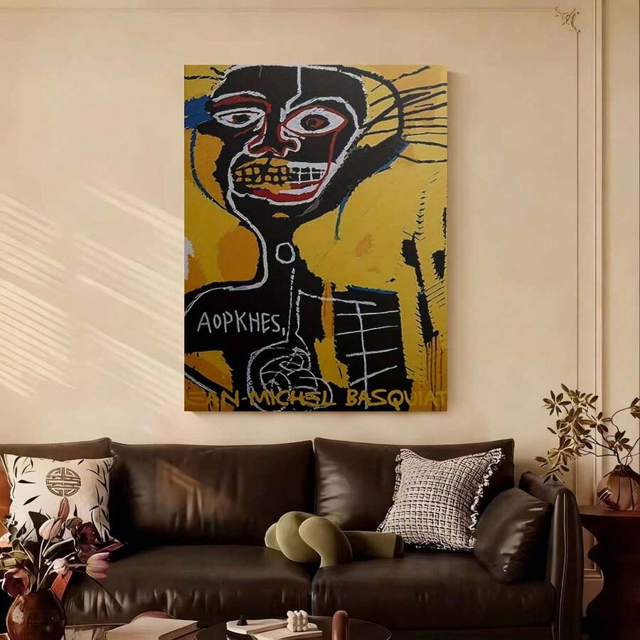 Framed 1pc Framed Jean-Michel Basquiat Cabeza 1984 Art Poster - Vibrant Yellow & Blue Abstract Face Canvas Wall Art, Modern Minimalist Decor For Living Room, Bedroom, Office, Bathroom, And Hallway, Easy To Hang, Canvas Wall Art, Basquiat, Poster, Wall Picture, Framed Picture For Immediate Hanging, Framed Wall Decoration - 框架 - 查看 1