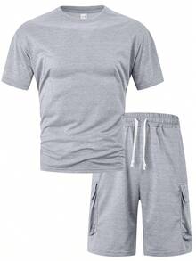 男士夏季浅灰色休闲宽松T恤+工装短裤两件套，男士运动休闲风，适合海滩、度假、旅行，舒适百搭 - 灰色 - 查看 3