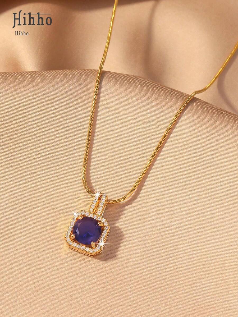 Hihho 1件金色蛇骨链紫色水晶吊坠项链，奢华方形宝石吊坠，吸睛项链，适合日常佩戴和派对，圣诞季珠宝 - 紫色 - 查看 1
