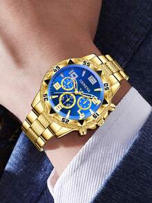 5件套男士钢带时尚休闲经典三眼商务石英表、手链、十字架项链、戒指首饰套装，适合日常佩戴或作为节日礼物送给朋友和父亲。 - 金色(2手錶+配件) - 查看 5