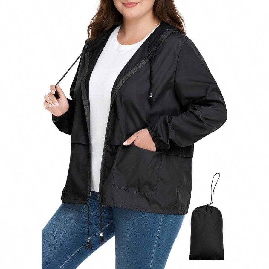 Plus Size Rain Jackets For Women Raincoats For Women With Hood Packable Rain Coats Lightweight Outdoor Windbreaker - A03 海軍藍+XXL - 查看 1