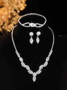 4pcs Luxury Fully Rhinestone Leaf Geometric Necklace Set, Women's Elegant Fashion Silver Jewelry Suitable For Wedding, Party, Banquet, Gift - Silver - View 2