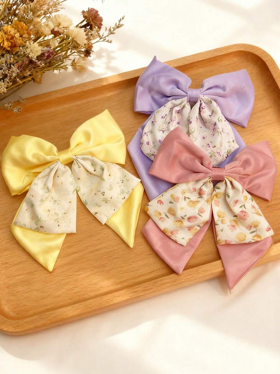 3 piezas Pinzas para el cabello con lazo floral para mujer, dulces, lindas, elegantes, frescas, retro, minimalistas, versátiles, de moda, hechas de material de poliéster, adecuadas para uso diario, decoración de atuendos, regalos festivos, pinzas de garra, pasadores para el cabello, barrettes - Multicolor - Ver 1