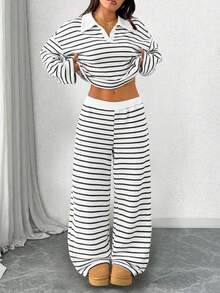 Women's 2pcs Set Loose Striped V-Neck Drop Shoulder Long Sleeve T-Shirt Top&Elastic Waist Striped Pants, Winter Sweater Suit ,Autumn/Winter Women Striped Lounge Set Two Pieces Pants Set, Women Two Pieces Set Casual Two Pieces Set Striped Two Pieces Set Comfortable Two Pieces Set Winter Clothes For Women Winter Outfit For Women Casual Women Outfits White Outfit For New Year's Eve