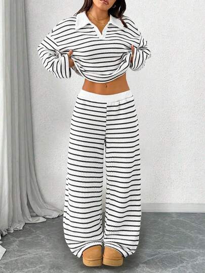 Women's 2pcs Set Loose Striped V-Neck Drop Shoulder Long Sleeve T-Shirt Top&Elastic Waist Striped Pants, Winter Sweater Suit ,Autumn/Winter Women Striped Lounge Set Two Pieces Pants Set, Women Two Pieces Set Casual Two Pieces Set Striped Two Pieces Set Comfortable Two Pieces Set Winter Clothes For Women Winter Outfit For Women Casual Women Outfits White Outfit For New Year's Eve