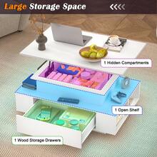 35.4-Inch Modern Lift-Top Coffee Table With LED Lights - Heavy-Duty MDF Material, Height Adjustable (Max 23.6 Inches), Large Storage Drawer & Open Shelf, High-Gloss Black Finish, Wireless Operation, Easy To Assemble - Suitable For Living Room & Home Office - 白色 - 查看 2