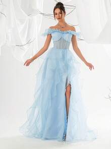 VIPGIRL Light Blue Mesh Ruffle Mermaid Maxi Dress For Women - Baby Blue - View 4