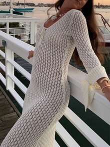 FOR BEAUTY V-Neck Sexy Hollow-Out Long Sleeve Knitted Beach Dress, Slim-Fit Lightweight With Sheer Effect, Suitable For Beach, Seaside, Swimming, Music Festivals, Vacation, Etc. - White - View 6