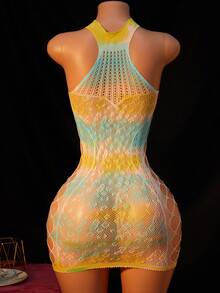 1件装女士性感睡衣连衣裙，渐变色无袖豹纹镂空透视款，性感女孩装扮，比基尼罩衫，情人节性感派对角色扮演服装 - 彩色 - 查看 2