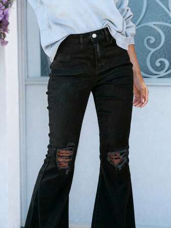 Dames plus-size casual stapelbare distressed skinny flare jeans met stretch