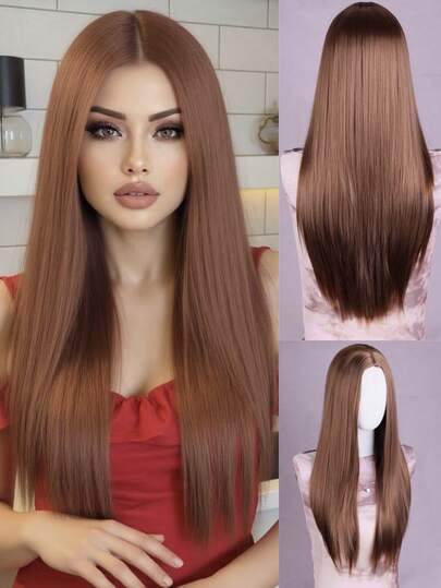 26-Inch Brown Long Straight Middle-Parted Full Wig For Women, Suitable For Daily Wear, Parties And Holidays