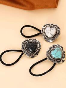 3pcs Zinc Alloy Western Cowboy Cowgirl Style Retro Elegant Turquoise Heart Agate Silvery-Decorated Hair Rope Rubber Band ,Ponytail ,Hair Elastics ,Scrunchies ,Elastic Hair Tie