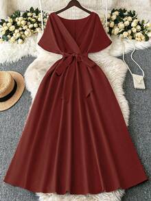 Plus Size Women Solid Color Wrap Waist Elegant Dress, Casual Daily Wear, Spring/Summer - Redwood - View 1