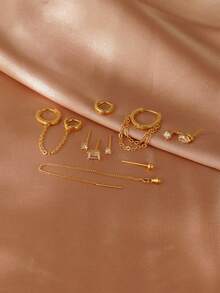 9件套优雅几何立方氧化锆耳钉套装，多款耳夹链耳环，适合女性日常、约会、派对、聚会等场合佩戴。 - 金黃色 - 查看 3