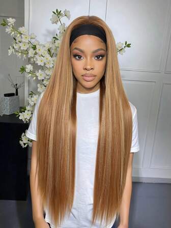 32inch Long Straight Headband Highlight Blonde Yaki Straight Synthetic Wig For Women Heat Resistant Daily Party To Wear
