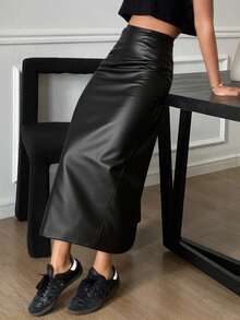 Livesso 女士PU紧身高开衩半身裙秋冬皮裙Y2k - 黑色 - 查看 2