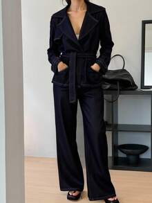 DAZY 女士翻领夹克和宽松牛仔裤套装 - 藍色 - 查看 7