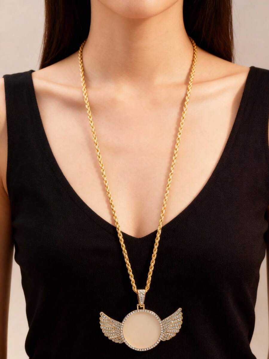 Fashionable European & American Hip-Hop Style Rhinestone Wing Pendant Necklace, Versatile & Unique Valentine's Day Accessories - Necklace - View 1