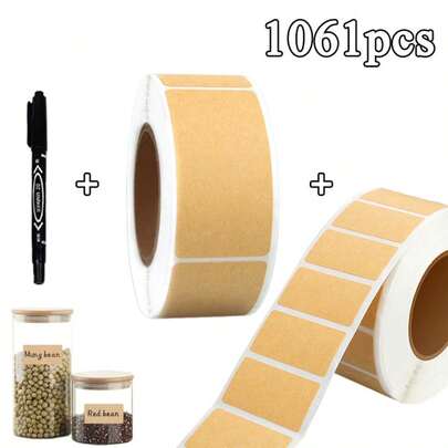 1061pcs Kraft Paper Labels With 1 Pen, Sealing Stickers, 2 Rolls Of Different Sizes, Self-Adhesive Sticker Rolls, Writable For Packaging Labeling And Organization