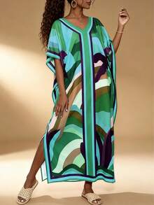 Fashion Casual Printed V-Neck Short Sleeve Plus Size Women Dress Spring - Multicolor - View 3