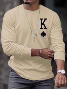 Men'S Round Neck Printed Long-Sleeved T-Shirt, Men's Playing Card Print Round Neck Long Sleeve T-Shirt Men Long Sleeve Tee King Outfit For Men Khaki Men Men Full Sleeve Tshirt Men King Shirt - 卡其色 - 查看 15