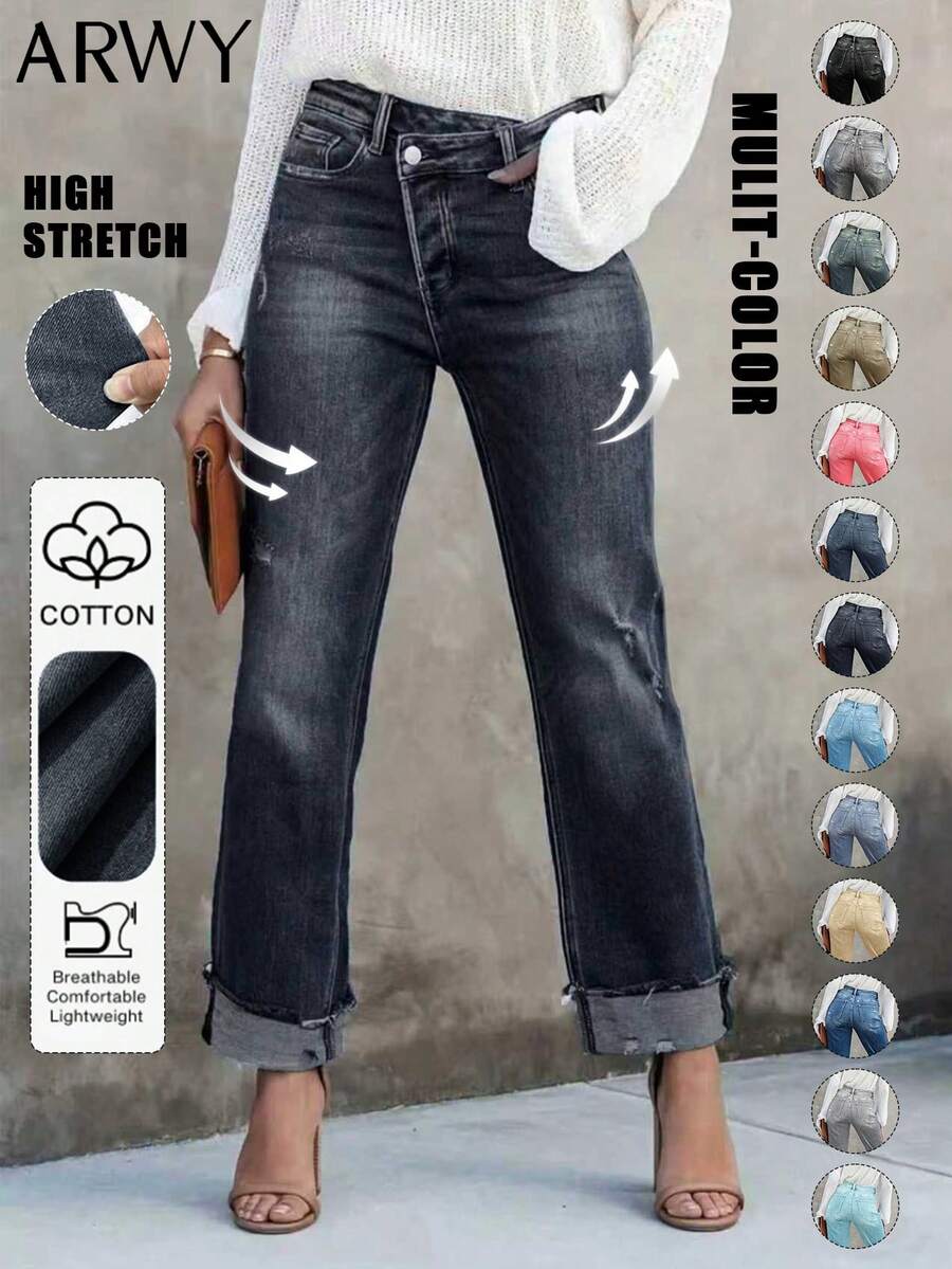 Women's Casual Straight Leg Slim Fit Comfortable Jeans With Cat Whisker Details. Medium Stretch, Lightweight Denim Fabric. Button & Zipper Closure, Long Length Design For Daily Wear. Spring - Dark Blue-gray - View 1
