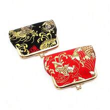1PC Black Gold Koi Printed Coin Purse Vintage Metal Clip Design National Style Auspicious Pattern Mini Portable Coin Card Storage Niche China-Chic Accessories Daily Commuting Personalized - màu đen - Xem 2