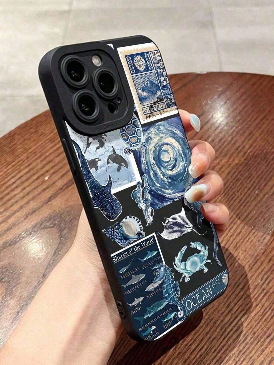 Ocean Minimalist Personalized Premium Whale, Shark, Devilfish, Seahorse, Wave Print Black Eye Full Coverage Anti-Drop Anti-Fingerprint Phone Case, Compatible With IPhone 16/16Pro/16Plus/15/15ProMax/15Pro/11/12/13/14ProMax/11Pro/11ProMax/12Pro/12ProMax/13Pro/13ProMax/14Pro/14ProMax, Soft Case, High-End Creative Design Waterproof Shockproof Scratch ResistantSuitable For IPhone 17 Air - trắng - Xem 1