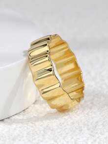 Charm-In Wave Pattern Plated Gold Smooth Metal Ring, Gold Color Women's Ring, Non-Fading, Everyday Jewelry, Fashion Ring Jewelry Gift - Gold Model 2 - View 2