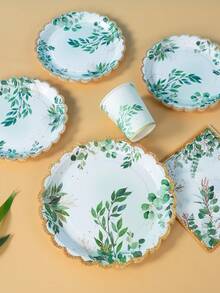 100/25/10pcs Gold Rim Green Leaf Petal Shaped Disposable Plates Napkins Cups, Plant Theme Plates Napkins And Cups Party Supplies, Suitable For 25 Guests, Disposable Paper Plates Party Tableware Suitable For Birthday Wedding Party Family Picnic - Multicolor - View 5