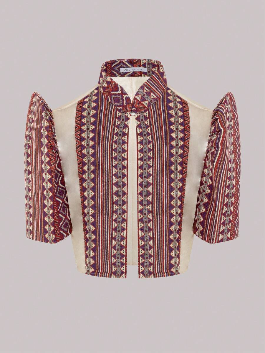 Amyenjoylife 女式春夏花卉菲律宾复古风格优雅泡泡袖立领纽扣前开襟衬衫，现代菲律宾风格 - 紅色 - 查看 1