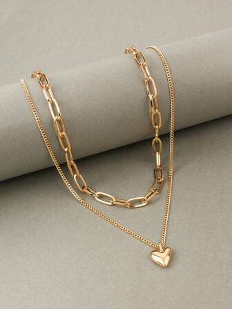 1件装女士项链，配有时尚双链十字架和心形吊坠