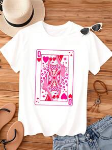 Queen Of Hearts Playing Card Design Women's Casual T-Shirt Fashion Statement Top Pink And White Graphic Tee Shirt - 白色 - 查看 3