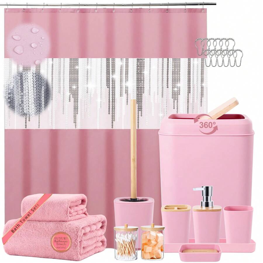 YESagoodShop Bathroom Set Black Trash Can  9 Piece Decor Toothbrush Holder Cup Lotion Dispenser Tray Soap Dish Toilet Brush Qtip 1763699629789 - 浴室套裝+浴簾 - 查看 1