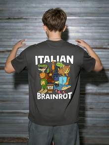 Boys & Teens Casual Printed Crew Neck Short Sleeve T-Shirt, Summer Top - Dark Grey - View 7