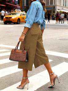 新款女式休闲纯色口袋短工装裤 - 咖啡棕 - 查看 3